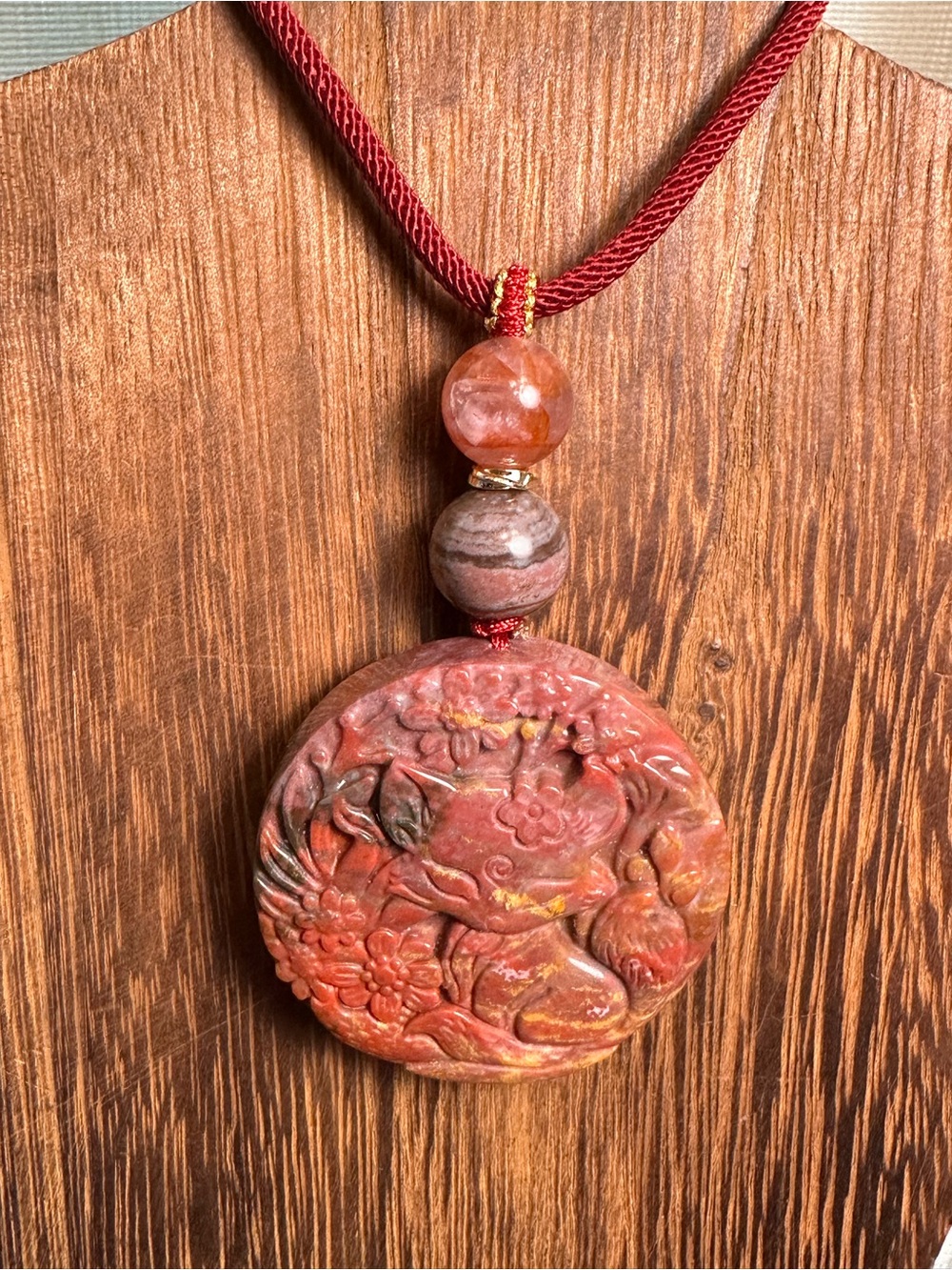 Maroon Ocean Jasper Fox Pendant Necklace with Amethyst on Adjustable Rope - Picture 2 of 13